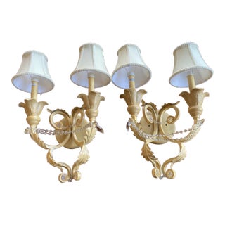 Pair of Contemporary Crystal and Wrought Iron Hand Painted Sconces With Shades For Sale