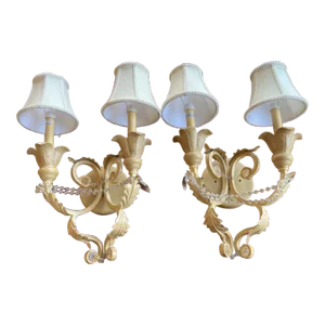 Pair of Contemporary Crystal and Wrought Iron Hand Painted Sconces With Shades