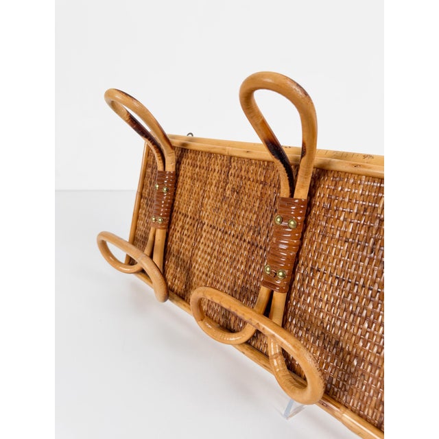 Wood Large Bamboo Rattan and Woven Cane Wall Coat Rack, Italy, 1970s For Sale - Image 7 of 18