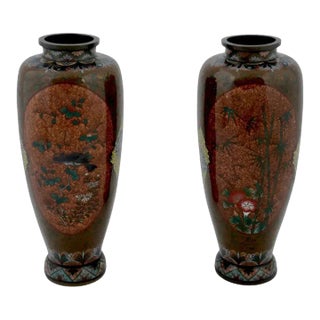 Large Pair of Early 20th Century Japanese Cloisonne Gold Stone Enamel Bamboo Tree Vases Attributed to Honda For Sale