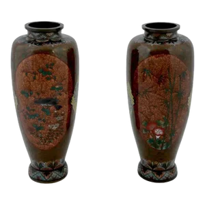 Large Pair of Early 20th Century Japanese Cloisonne Gold Stone Enamel Bamboo Tree Vases Attributed to Honda