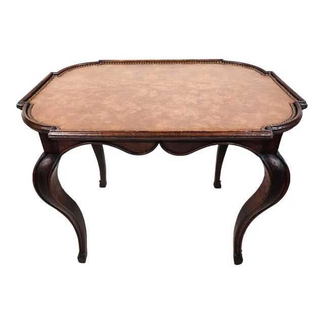 Country French Side Table Leather Top Oak Antique For Sale