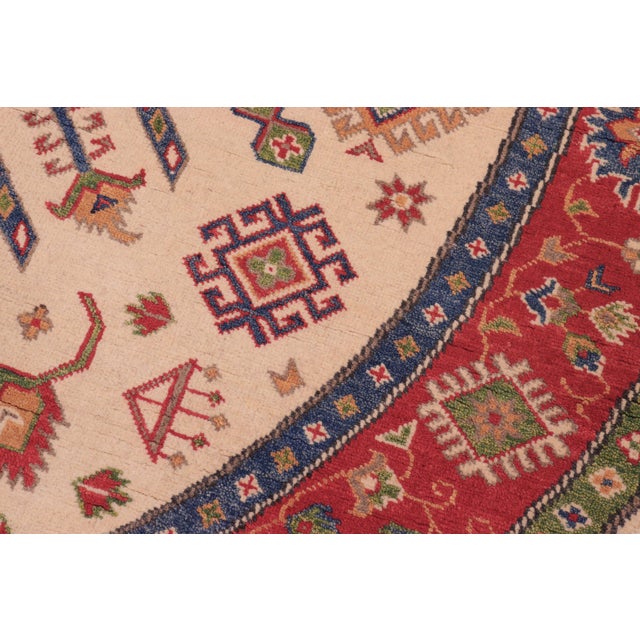 Rustic Kazak Ivory/Red Wool Round Rug- 6'5''x6'6'' For Sale In New York - Image 6 of 10