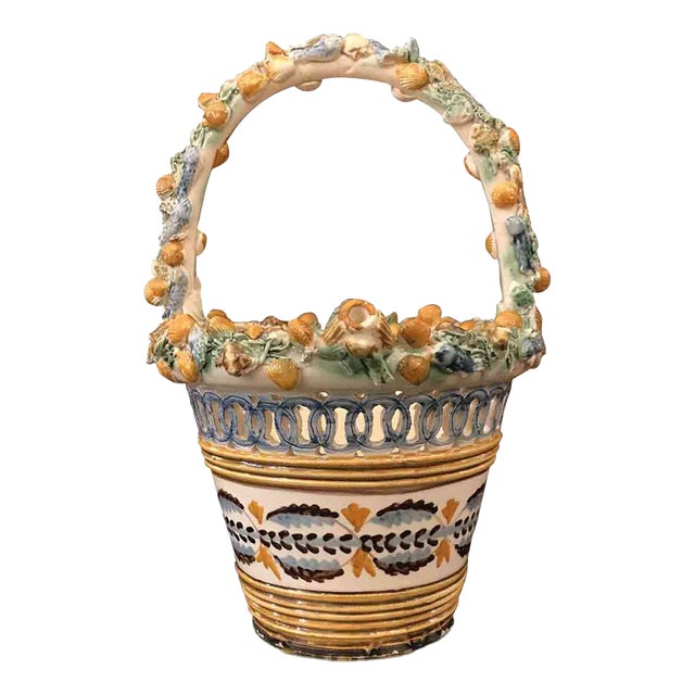 Decorated and Perforated Ceramic Basket, 1950s For Sale