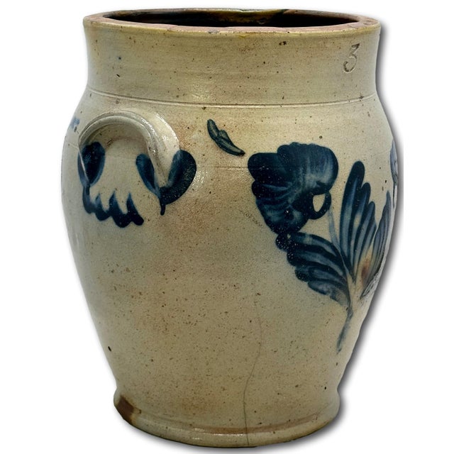 Outstanding Large 3 Gallon Size Antique American Stoneware Jar With Extensive Blue Hand Decorated Features - Circa 1830s For Sale - Image 10 of 18
