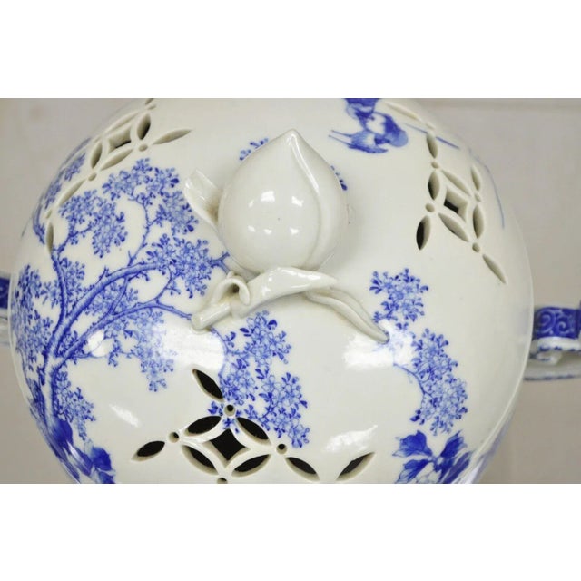 Chinese Antique 19th Century Blue and White Chinese Porcelain Footed Incense Burner For Sale - Image 3 of 12