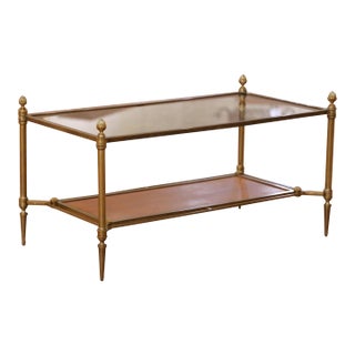 Mid-Century French Maison Jansen Bronze and Leather Two-Tier Coffee Table For Sale