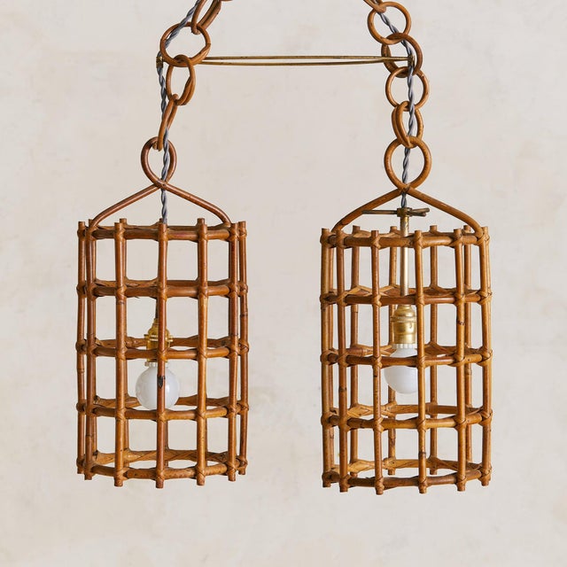 Contemporary 1960s Italian Double Bamboo Lantern Pendant For Sale - Image 3 of 8