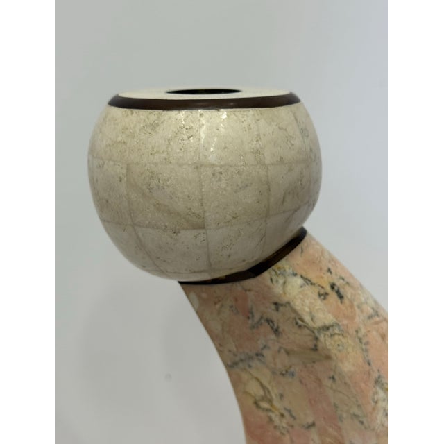 1980’s Sculptural Postmodern Maitland Smith Tessellated Stone & Brass Inlaid Candle Holders 6.5" w x 4.0" d x 13.0" h /...