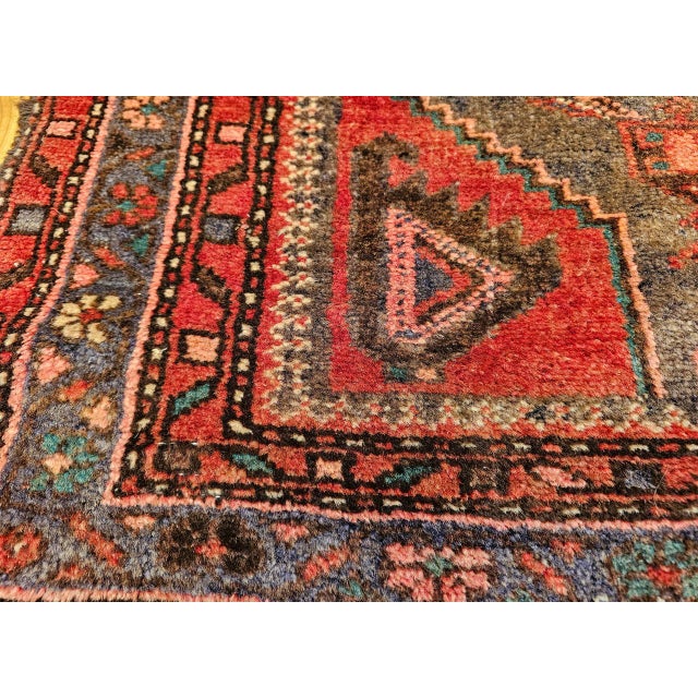 Persian Vintage Persian Hamadan Rug, Hand-Knotted Wool, Geometric Medallion Pattern, Moss Green & Red, 4x7 For Sale - Image 3 of 18