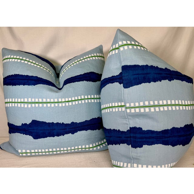Custom pair of 22" pillows covered in Templeton Fabrics "Madeleine" in color cerulean. These pillows are self welted, have...