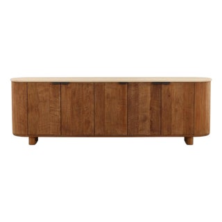 Rounded Cement Top Teak Modern Sideboard Credenza For Sale