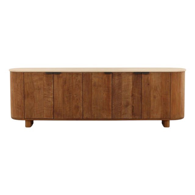 Rounded Cement Top Teak Modern Sideboard Credenza For Sale