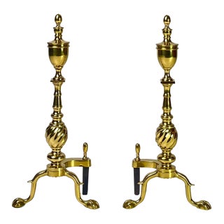 Pair of Vintage Brass Urn & Spiral Federal Style Flame Top Andirons – Claw & Ball Feet For Sale