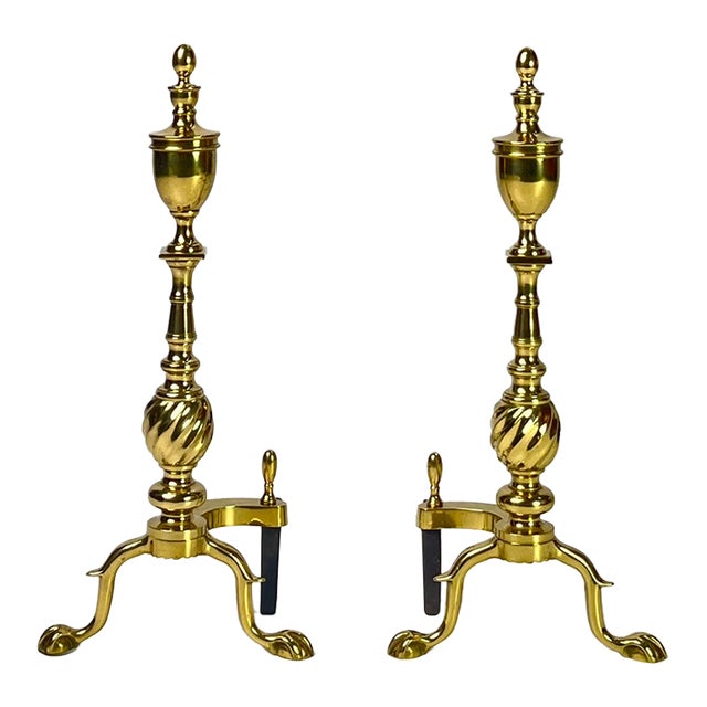 Pair of Vintage Brass Urn & Spiral Federal Style Flame Top Andirons – Claw & Ball Feet For Sale