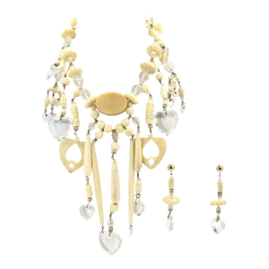 Bohemian Chic Carved Bone and Lucite Hearts Bib Necklace with Dangling Earrings - 3 Pieces