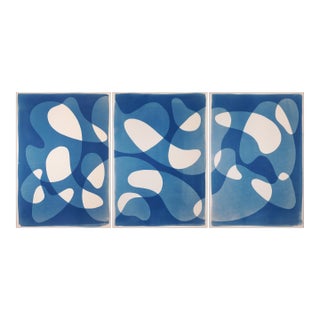 2026, Blue Floating Mobile, Blue and White Minimal Triptych, Handamde Monotype Cyanotype on Watercolor Paper For Sale