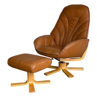 Danish Modern Reclining Leather Lounge Chair & Ottoman, Denmark, 1970s For Sale