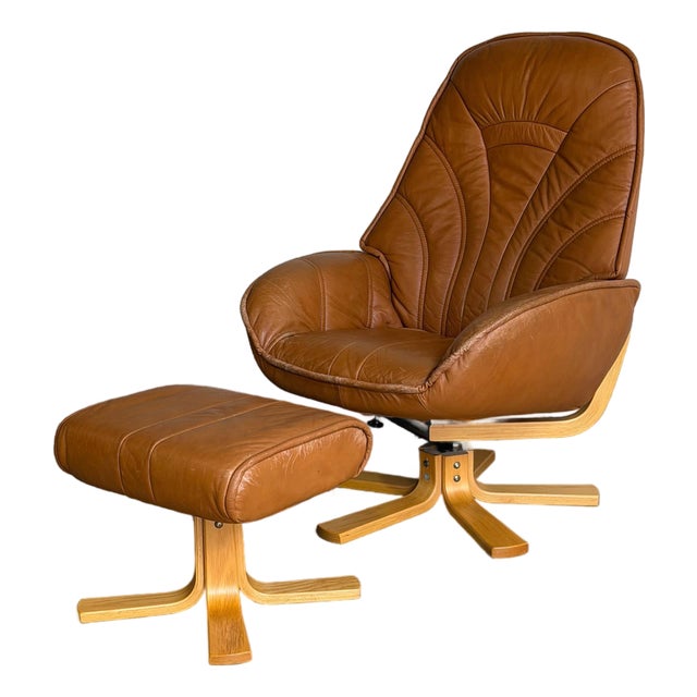 Danish Modern Reclining Leather Lounge Chair & Ottoman, Denmark, 1970s For Sale