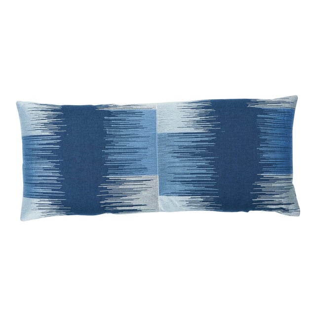 Schumacher Sunburst Stripe Embroidery Lumbar Pillow in Blue For Sale