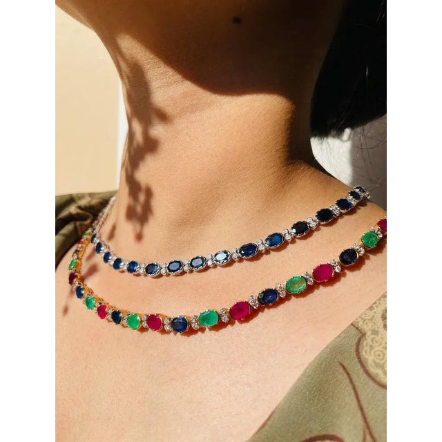 Blue Sapphire Royal Necklace in 18k White Gold With Diamonds- 34.5 Ct & 16 Inch For Sale In New York - Image 6 of 14