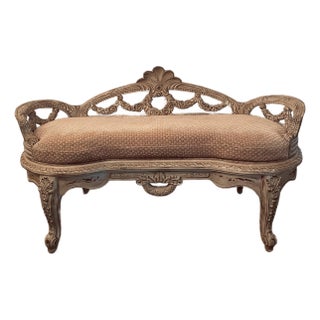 Ornate Vintage French Styled Carved Wood Bench or Settee With Upholstered Seat For Sale
