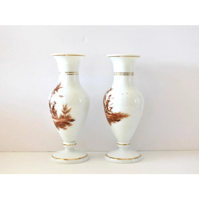 Glass 19th-Century Antique French Sepia Grisaille White Opaline Glass Baluster Vases - a Pair For Sale - Image 7 of 13