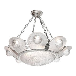 1930s Art Deco Frosted Glass Chandelier With Stylized Cubist Floral Motif For Sale