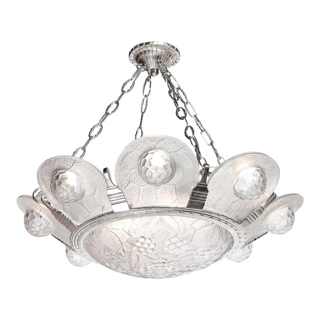 1930s Art Deco Frosted Glass Chandelier With Stylized Cubist Floral Motif For Sale