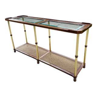Vintage Hollywood Regency Faux Bamboo Brass Console Table With Cane Shelf & Double Glass Top | Chinoiserie Campaign Entry Table For Sale