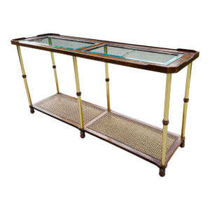 Vintage Hollywood Regency Faux Bamboo Brass Console Table With Cane Shelf & Double Glass Top | Chinoiserie Campaign Entry Table