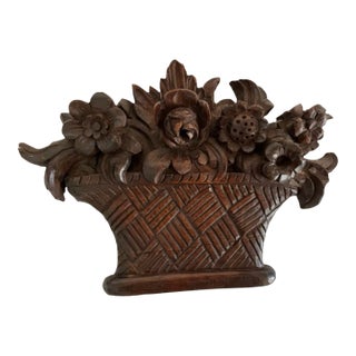 Mid 19th Century Carved Wood Plaque With Flowers and Leaves in Basket For Sale