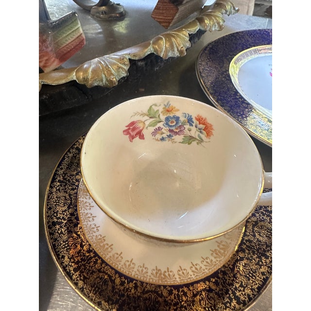 Metal 1970s 22 Kt Filigree Deep Blue Plate Set With Floral Accents- Set of 17 For Sale - Image 7 of 8