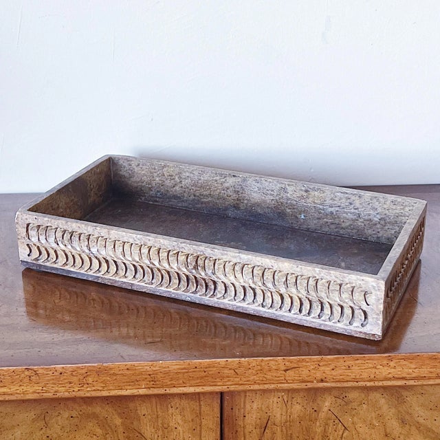 Vintage Hand Carved Soap Stone Desk Tray and Box, Set of Three Console Tray (great for mail, desk accessories, entry table...