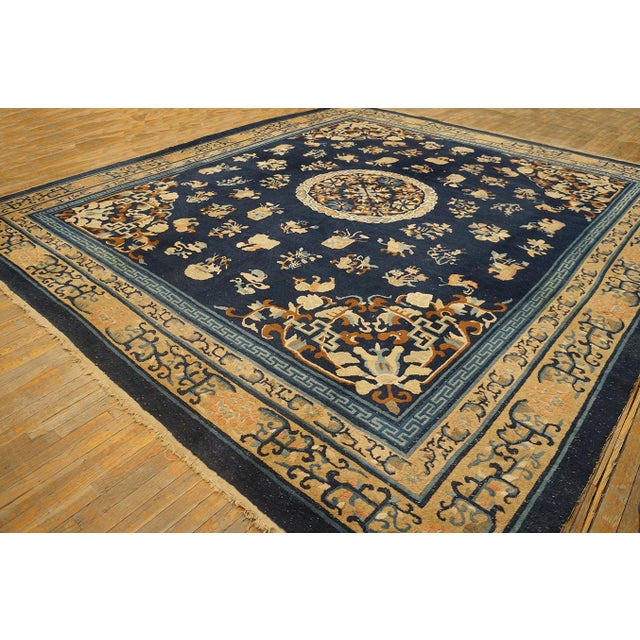 Textile Traditional Floral-Medallion Design in a Navy Background Color Antique Chinese Peking Rug For Sale - Image 7 of 12