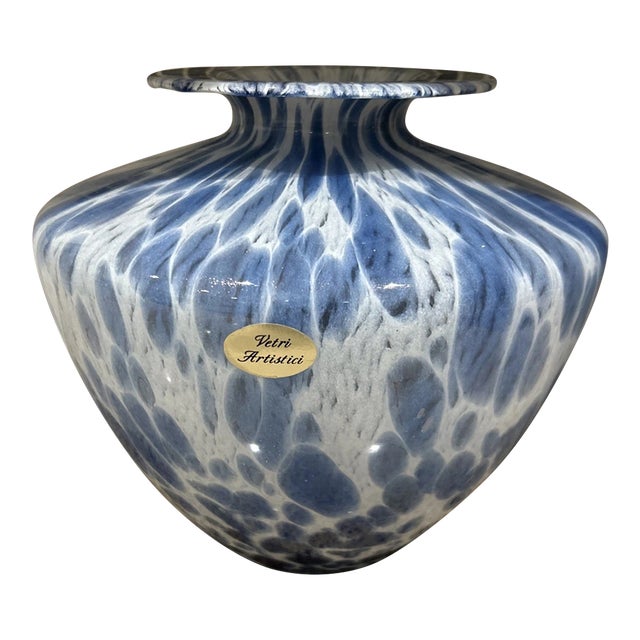 1990s Maestri Vetrai Hand Blown Art Glass Blue White With Silver Sparkles Vase For Sale