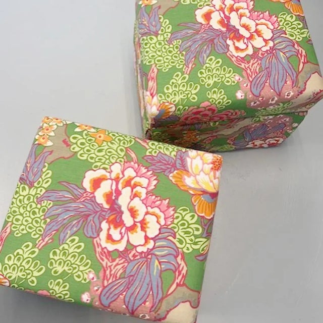 Thibaut Pair Custom Floral Coastal Custom Upholstered Bench Ottomans With Skirt For Sale - Image 4 of 6