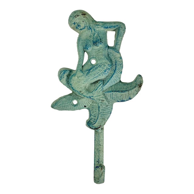 1970s Vintage Nautical Coastal Cast Iron Verdigris Mermaid Wall Hook. For Sale