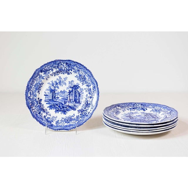 English 19th Century Transfer Blue and White Plates with Ruins and Floral Décor For Sale - Image 4 of 6