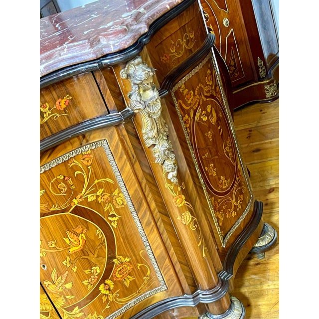 French French Louis XV Style Bombe Commode – Floral Marquetry, Marble Top & Gilded Bronze Details For Sale - Image 3 of 4