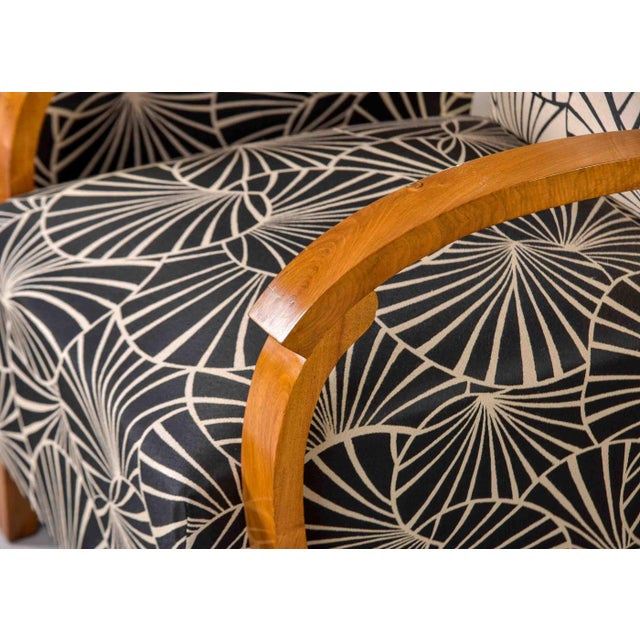 Wood French Art Deco Birch Armchairs With Fan Motif Upholstery - Pair For Sale - Image 7 of 13