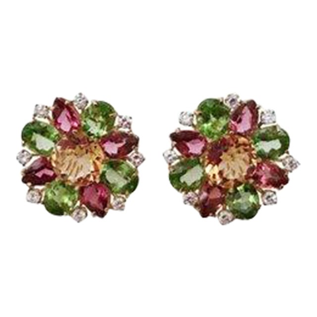 Yellow Gold Multi Stone Flower Earring Stud - A Pair For Sale
