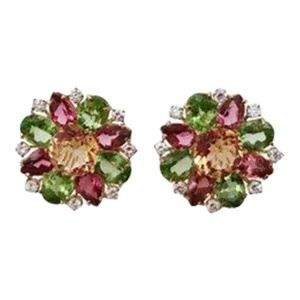 Yellow Gold Multi Stone Flower Earring Stud - A Pair