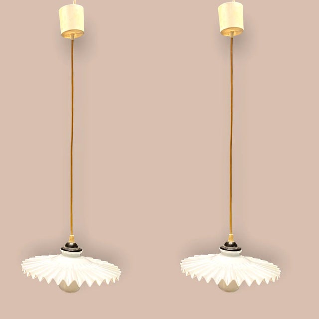 Italian Opaline Glass Pleated Light Pendants Height including wire and ceiling canopy 70 cm Height of shade 6 cm Width 28...