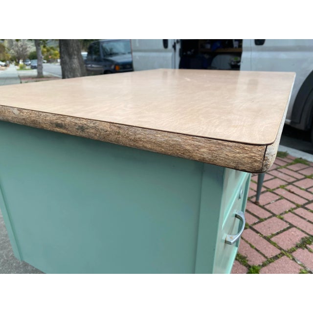 Mid-Century Modern Vintage Celadon Metal Writing Desk For Sale - Image 3 of 13