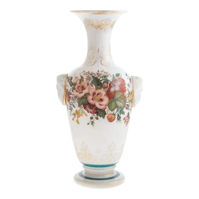 Floral Painted Opaline Glass Vase Attributed to Baccarat For Sale