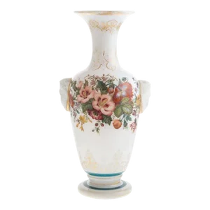 Floral Painted Opaline Glass Vase Attributed to Baccarat