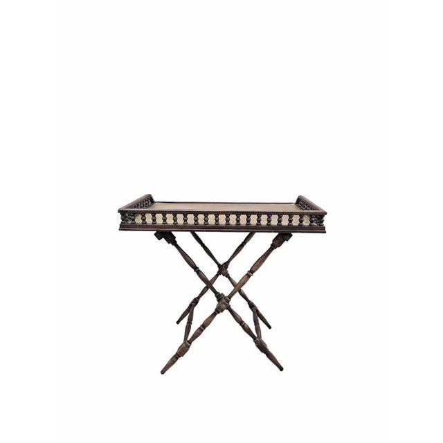 Brown Vintage English Campaign-Style Folding Tray Table With Spindle Gallery For Sale - Image 8 of 9