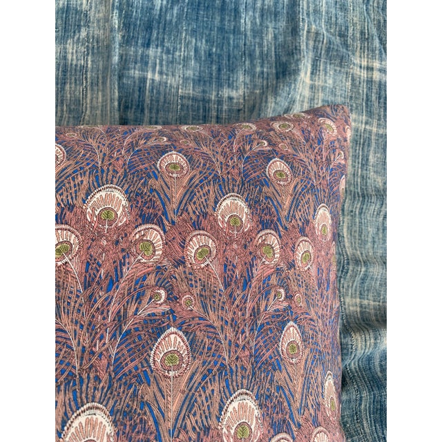 Art Deco Liberty of London Blue & Pink Peacock Print Pillow For Sale - Image 4 of 9