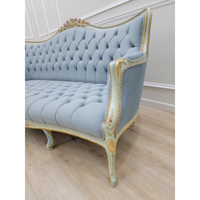1970s Sky Blue Tufted French Provincial Sofa | Hand-Painted Floral Trim, Louis XV Style Settee For Sale - Image 11 of 12